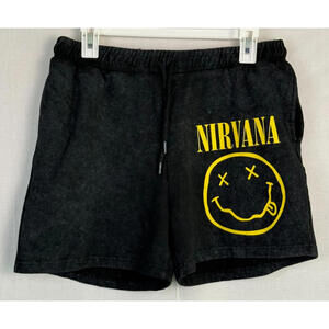 Nirvana 4" Sweatshorts Men's Large Black Grunge Smiley Face Band Kurt Cobain